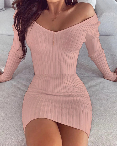 Sexy Off Shoulder Long Sleeve Bodycon Dress for Women Mini Knit Sweater Dress